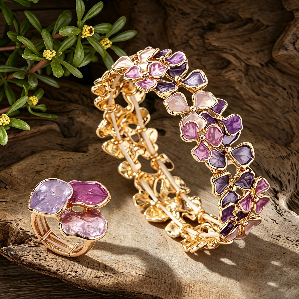 Purple Petal Stretch Bracelet & Ring Set