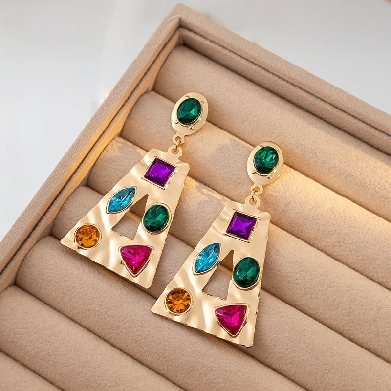 Multicolor Gem Geometric Drop Earrings