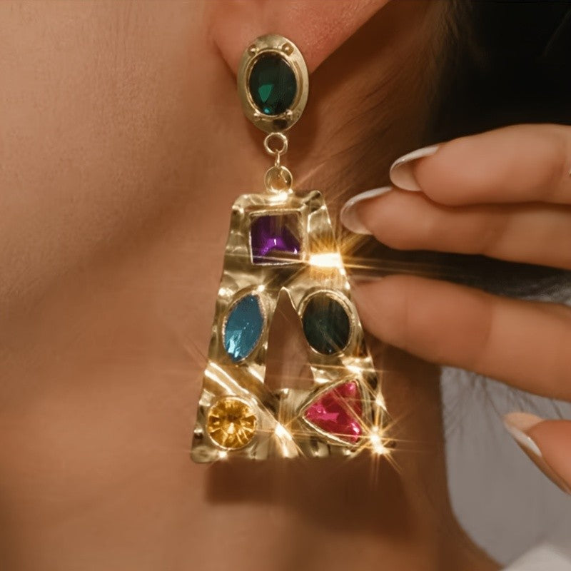 Multicolor Gem Geometric Drop Earrings