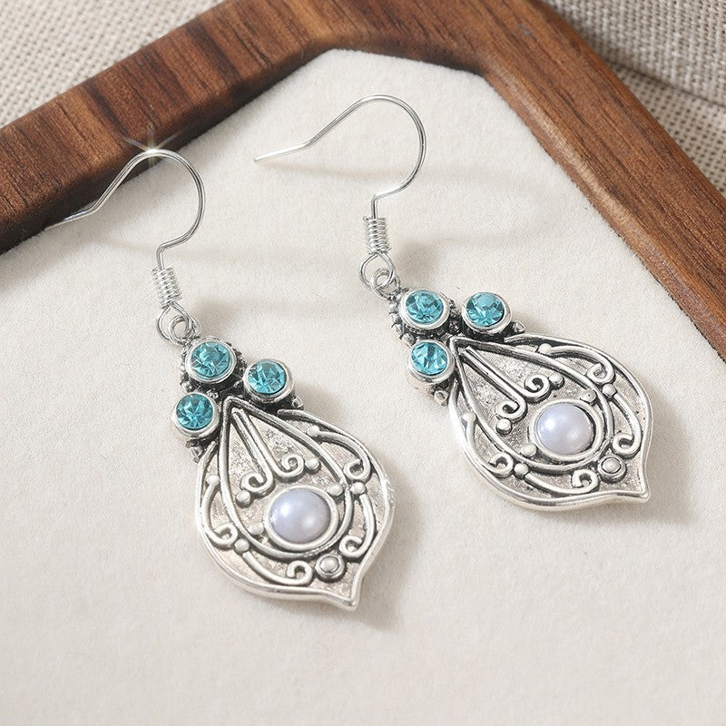 Blue Stone Filigree Leaf Drop Earrings