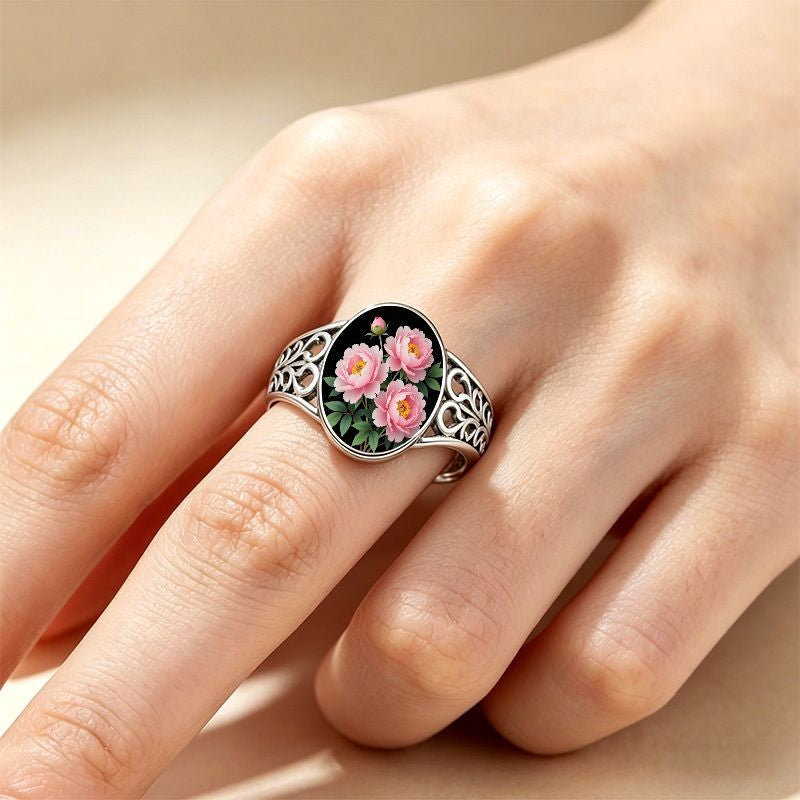 Pink Peony Filigree Ring