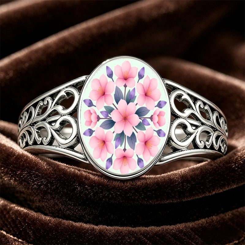 White Pink Floral Filigree Oval Ring