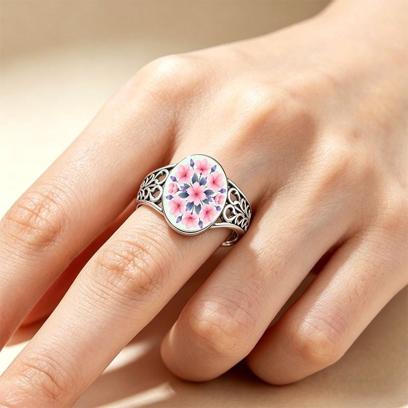 White Pink Floral Filigree Oval Ring