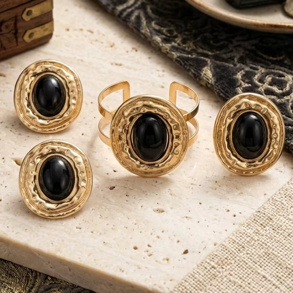 Black Oval Stone Cuff Jewelry Set