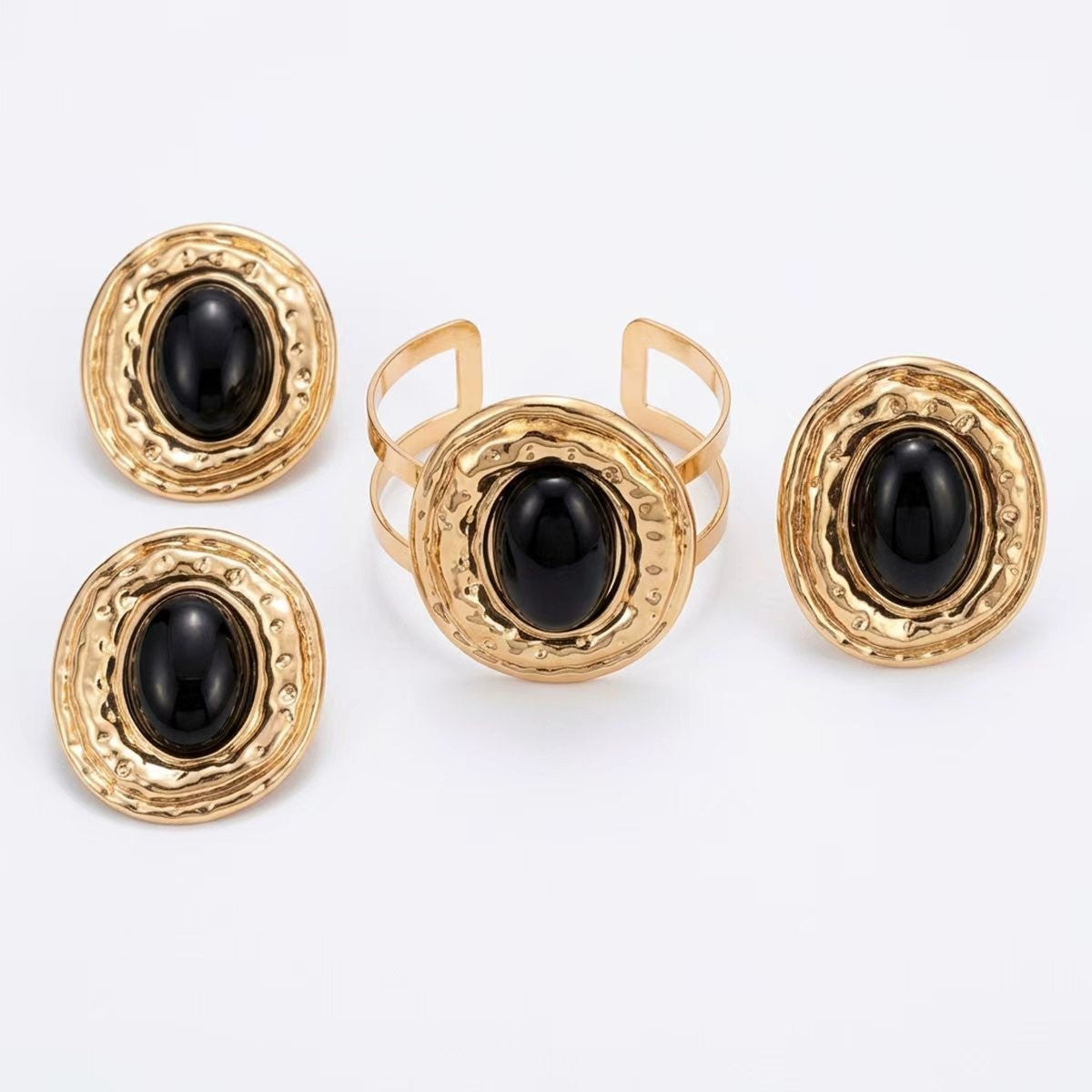 Black Oval Stone Cuff Jewelry Set