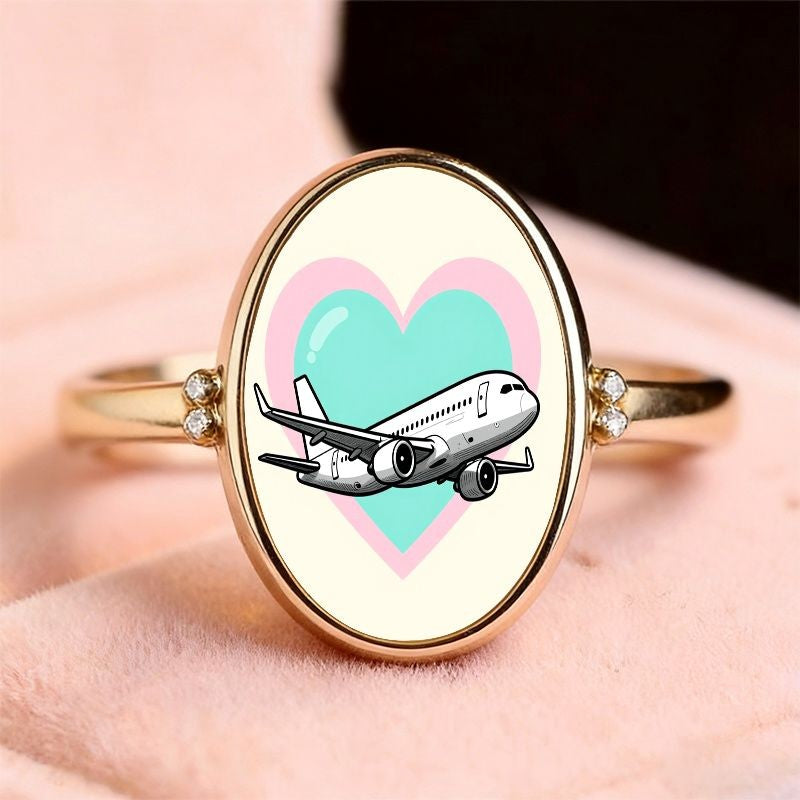 Airplane & Mint Heart Oval Ring
