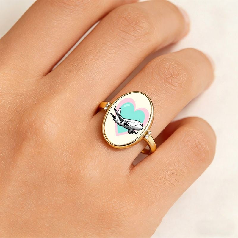 Airplane & Mint Heart Oval Ring
