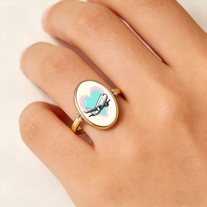 Airplane & Mint Heart Oval Ring