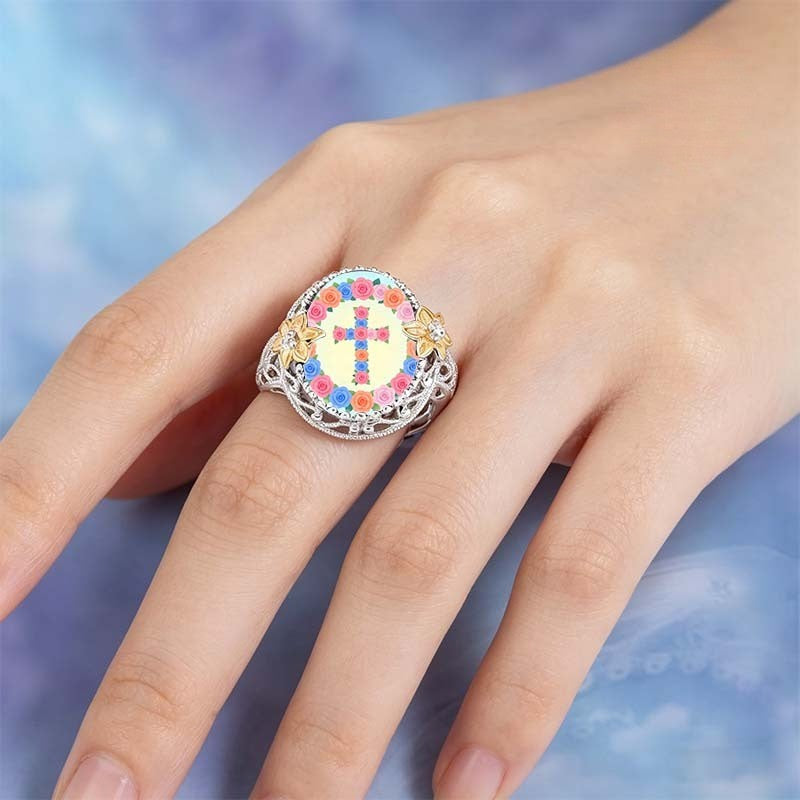 Multicolor Floral Cross Statement Ring