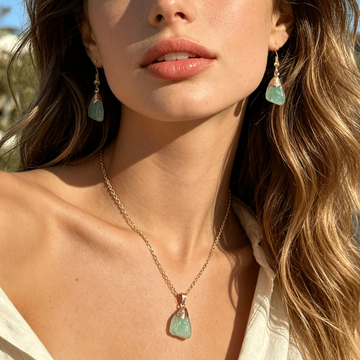 Raw Aqua Stone Jewelry Set