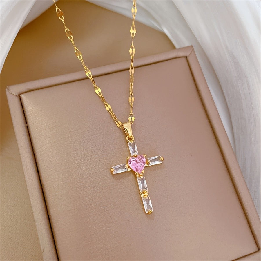 Pink Heart Cross Necklace