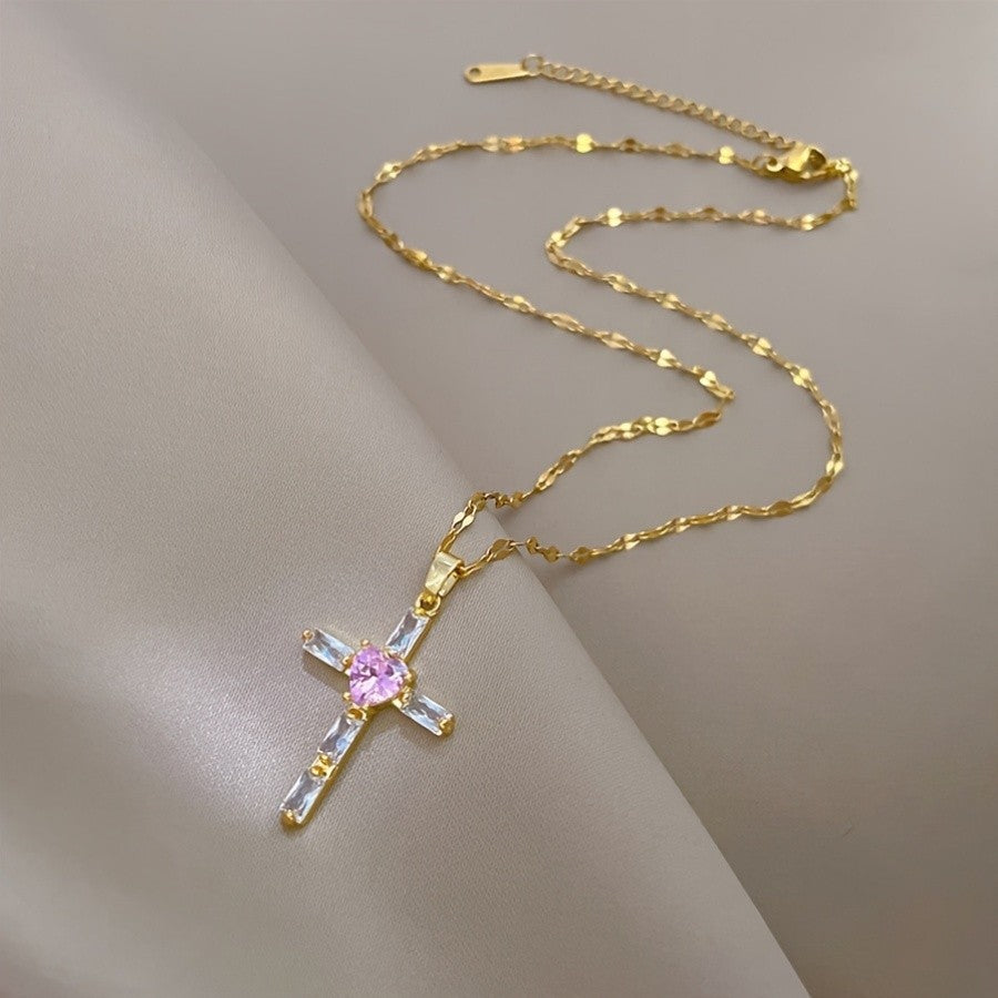 Pink Heart Cross Necklace