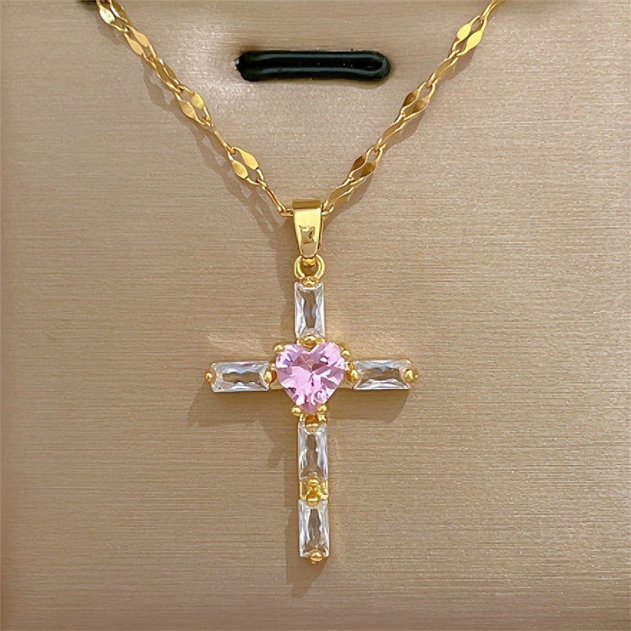 Pink Heart Cross Necklace