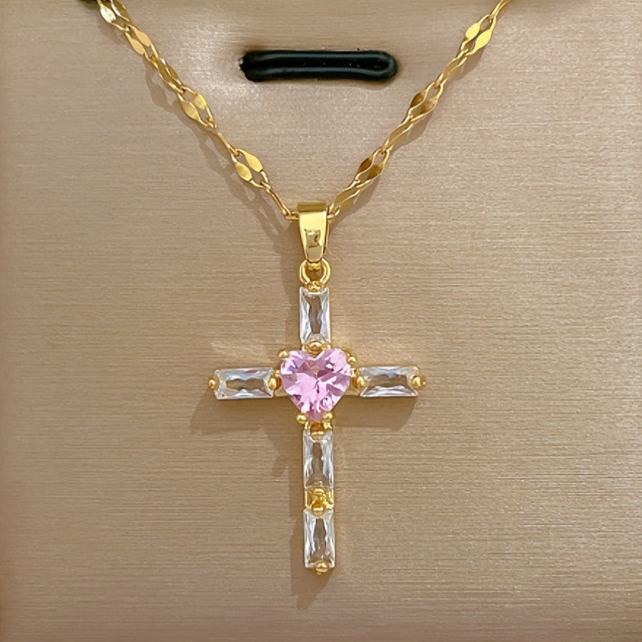 Pink Heart Cross Necklace