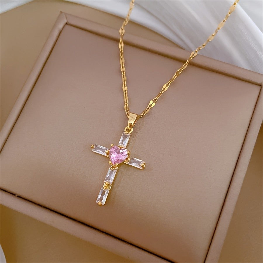 Pink Heart Cross Necklace