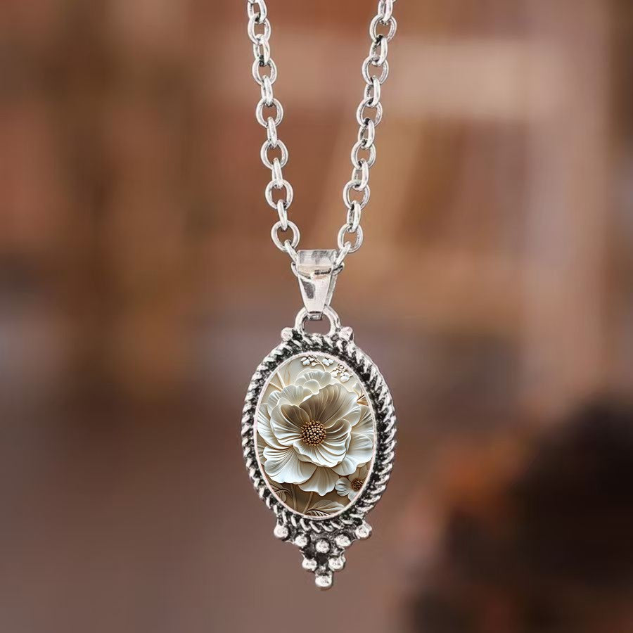 White Floral Oval Necklace