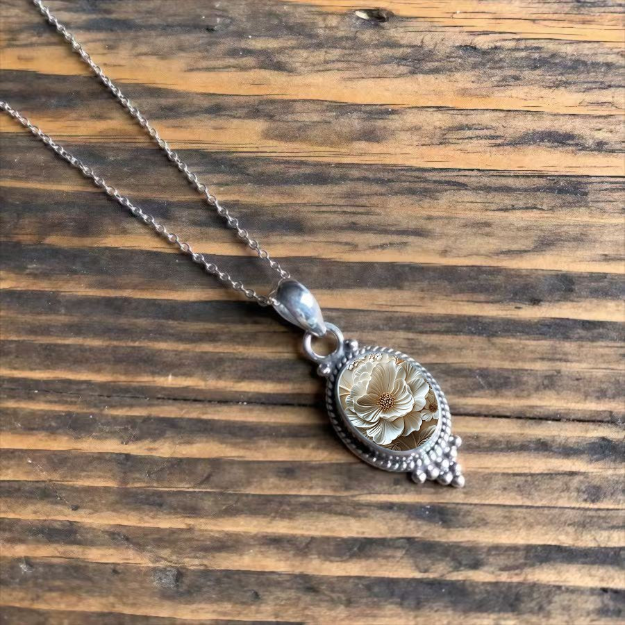 White Floral Oval Necklace