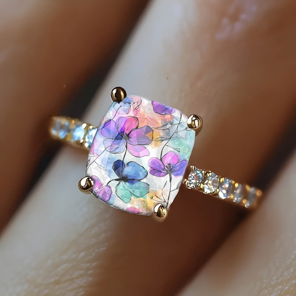 Watercolor Floral Square Ring