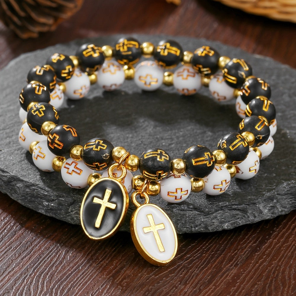 Cross Oval Charm Beaded Bracelet