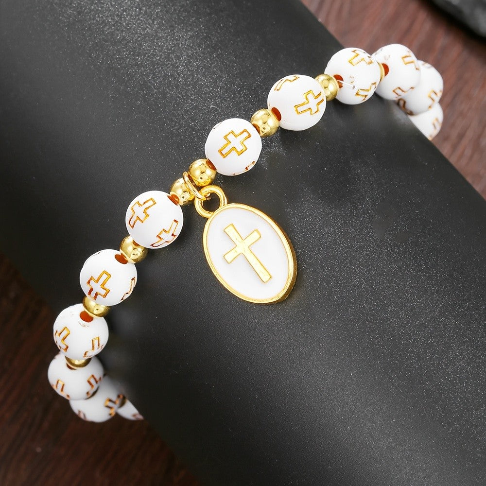 Cross Oval Charm Beaded Bracelet