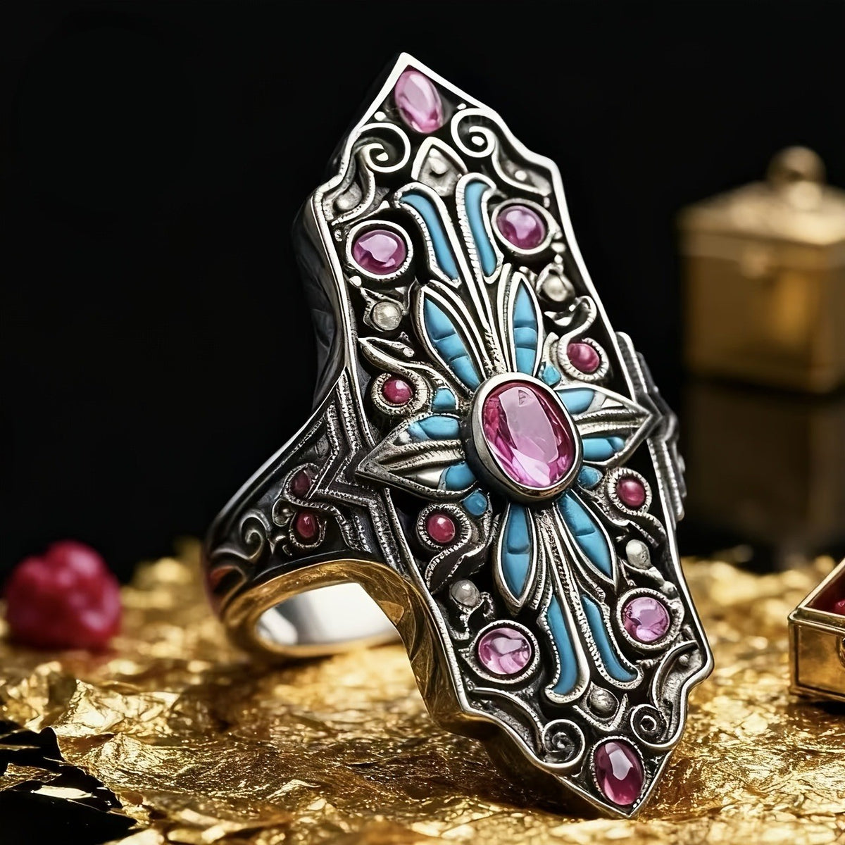 Pink Stone & Turquoise Hamsa Ring