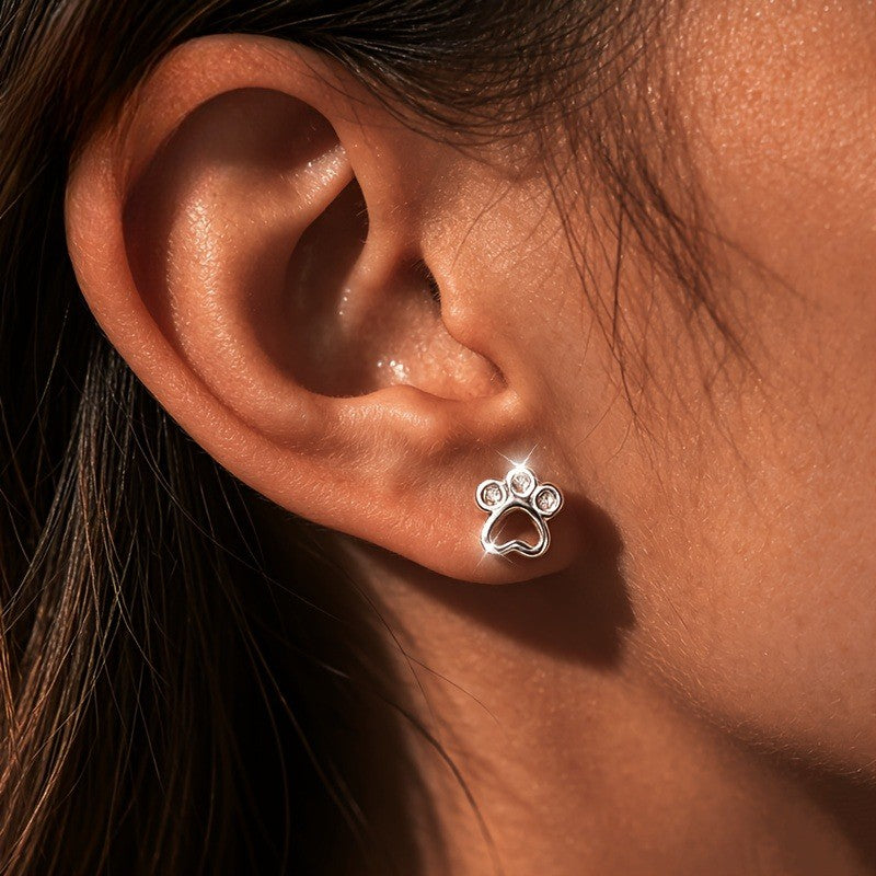 Silver Crystal Paw Heart Stud Earrings