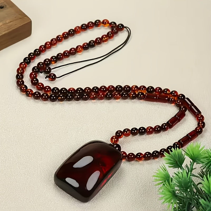 Red Amber Carved Rectangle Pendant Necklace
