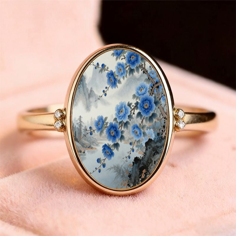 Blue Floral Landscape Oval Ring