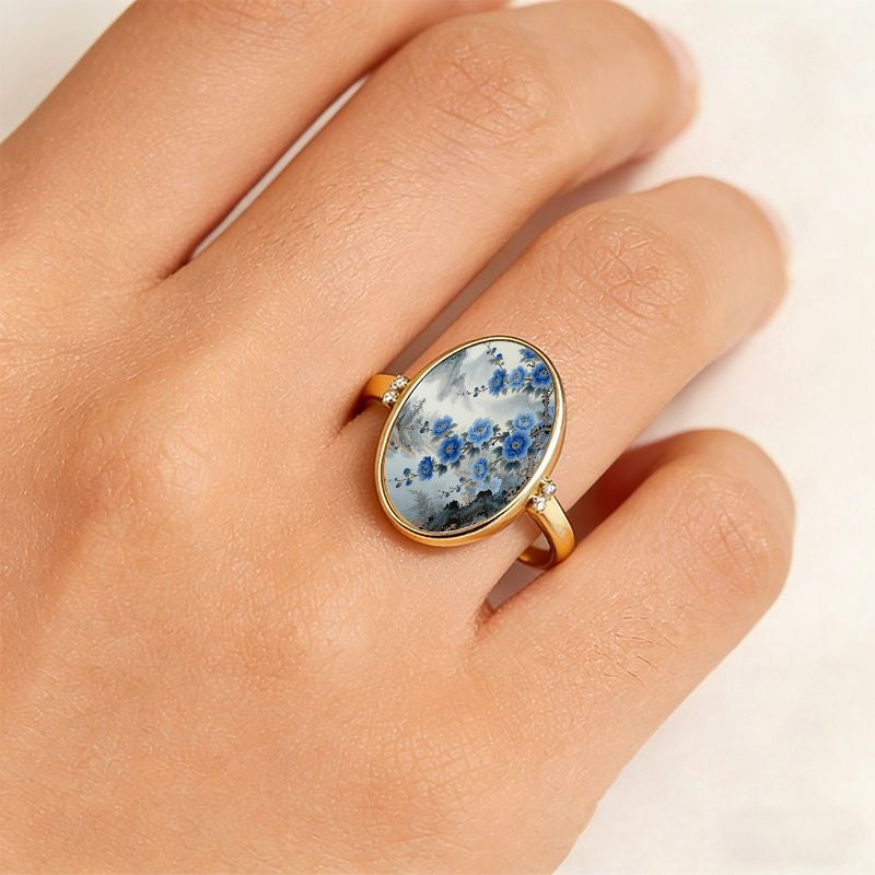Blue Floral Landscape Oval Ring