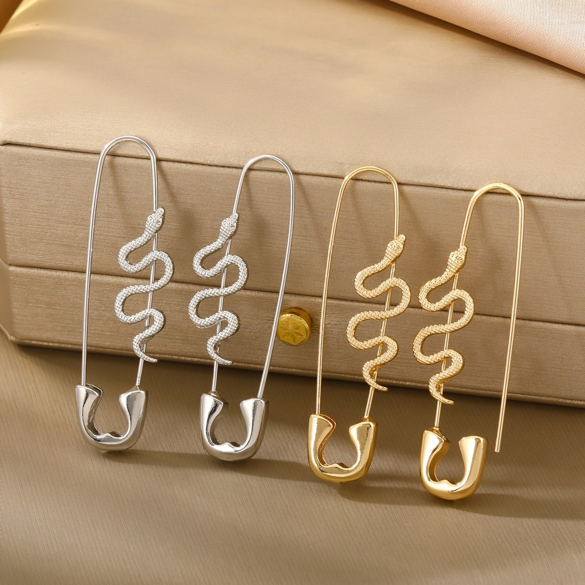 Snake Safety Pin Drop Earrings