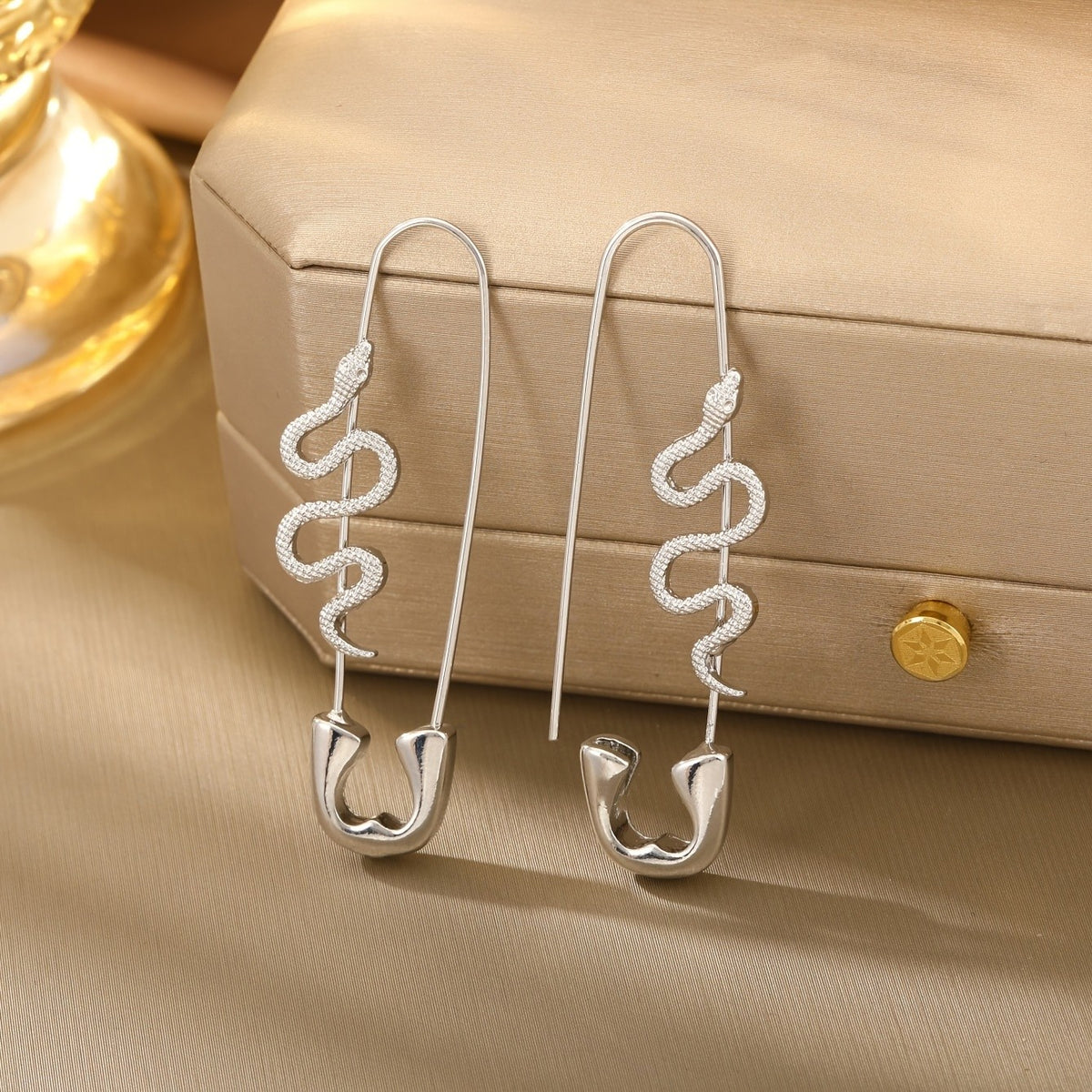 Snake Safety Pin Drop Earrings