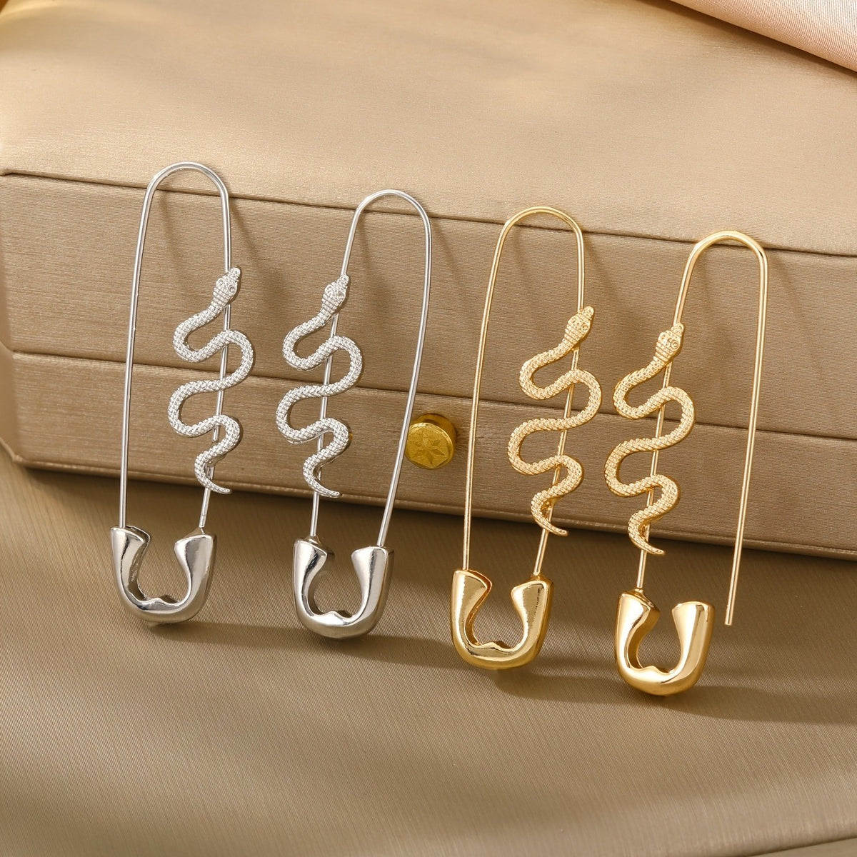 Snake Safety Pin Drop Earrings