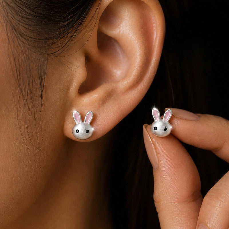 Silver Bunny Face Stud Earrings