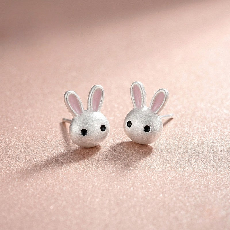 Silver Bunny Face Stud Earrings