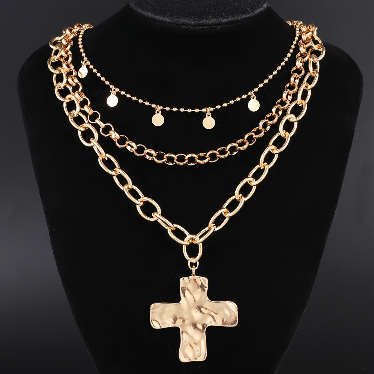 Hammered Cross & Disc Layered Necklace