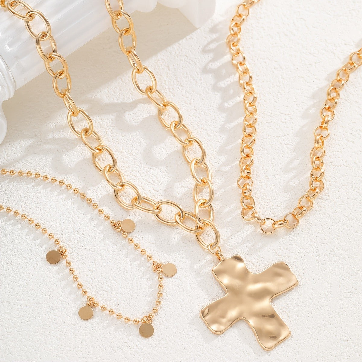 Hammered Cross & Disc Layered Necklace