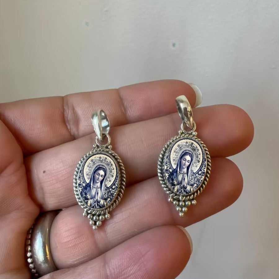 Silver-Tone Virgin Mary Oval Pendant Necklace