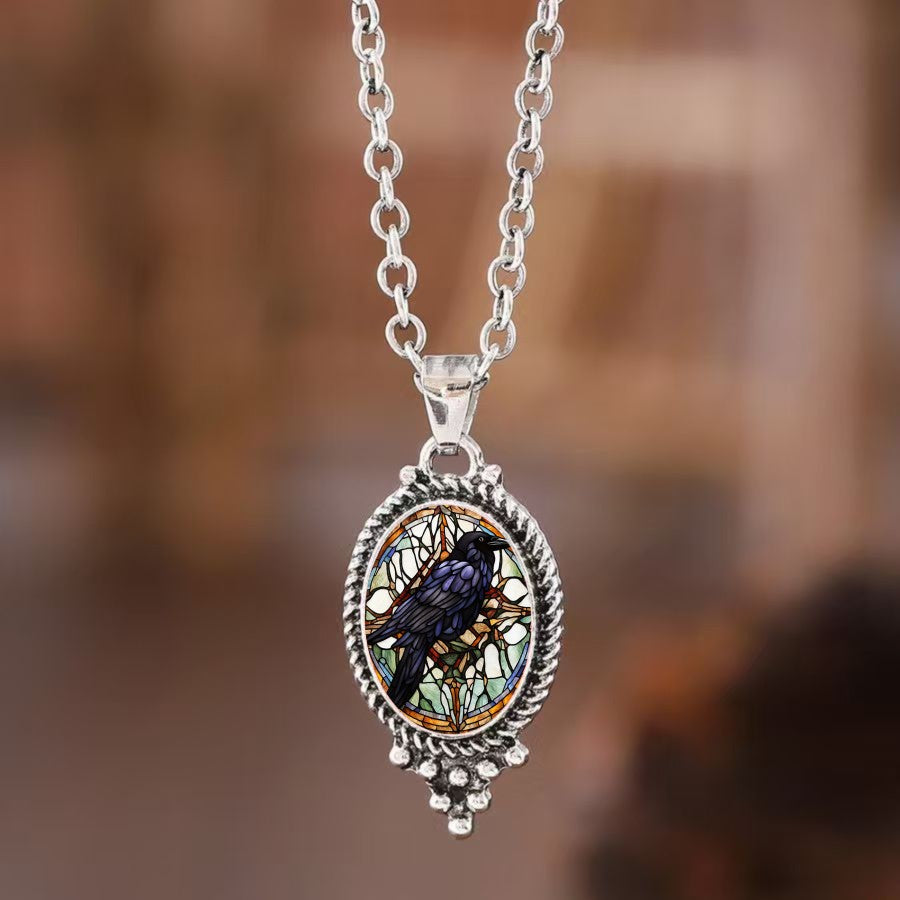 Stained Glass Raven Pendant Necklace