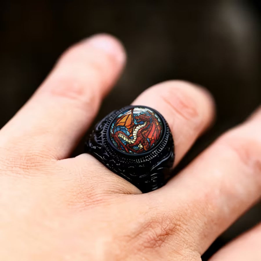Red Dragon Oval Stained Glass Ring