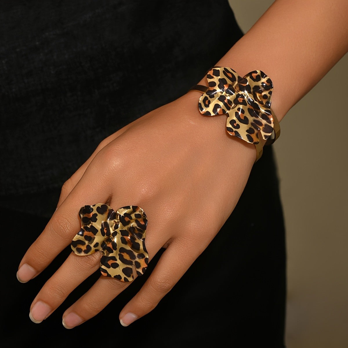 Leopard Floral Cuff & Ring Set