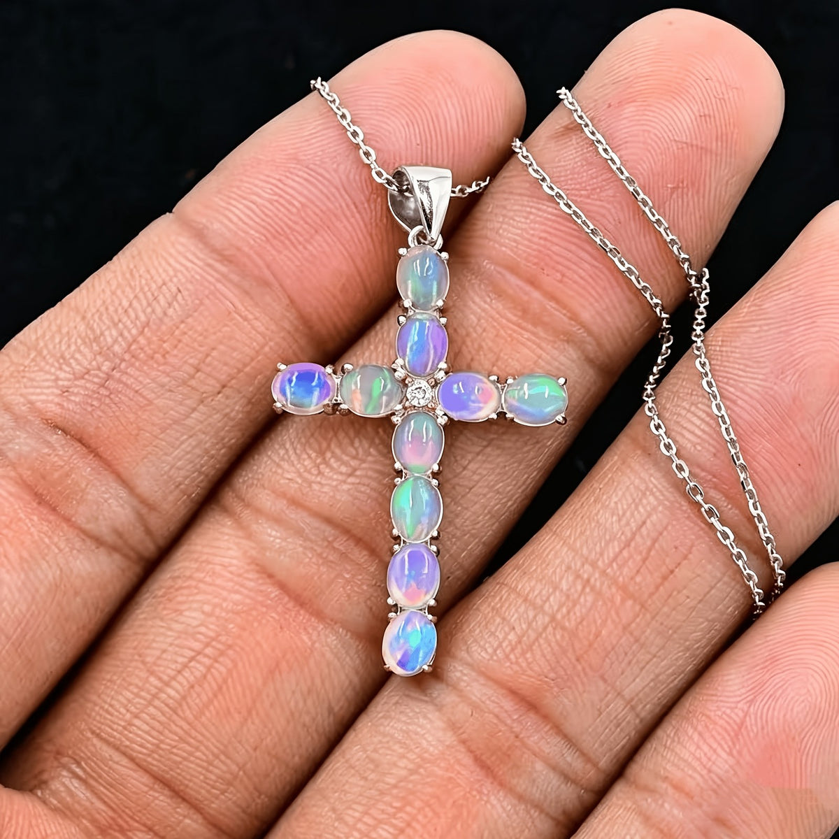 Iridescent Stone Cross Necklace
