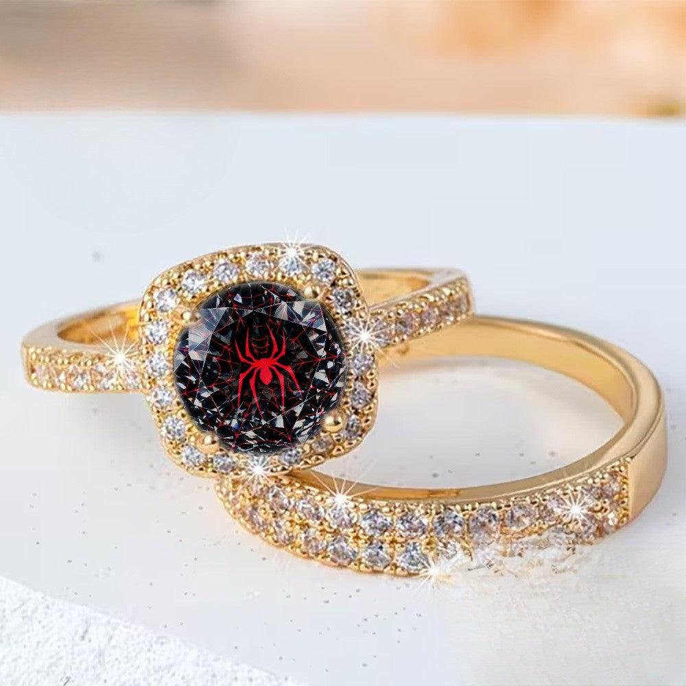 Red Spiderweb Square Ring Set