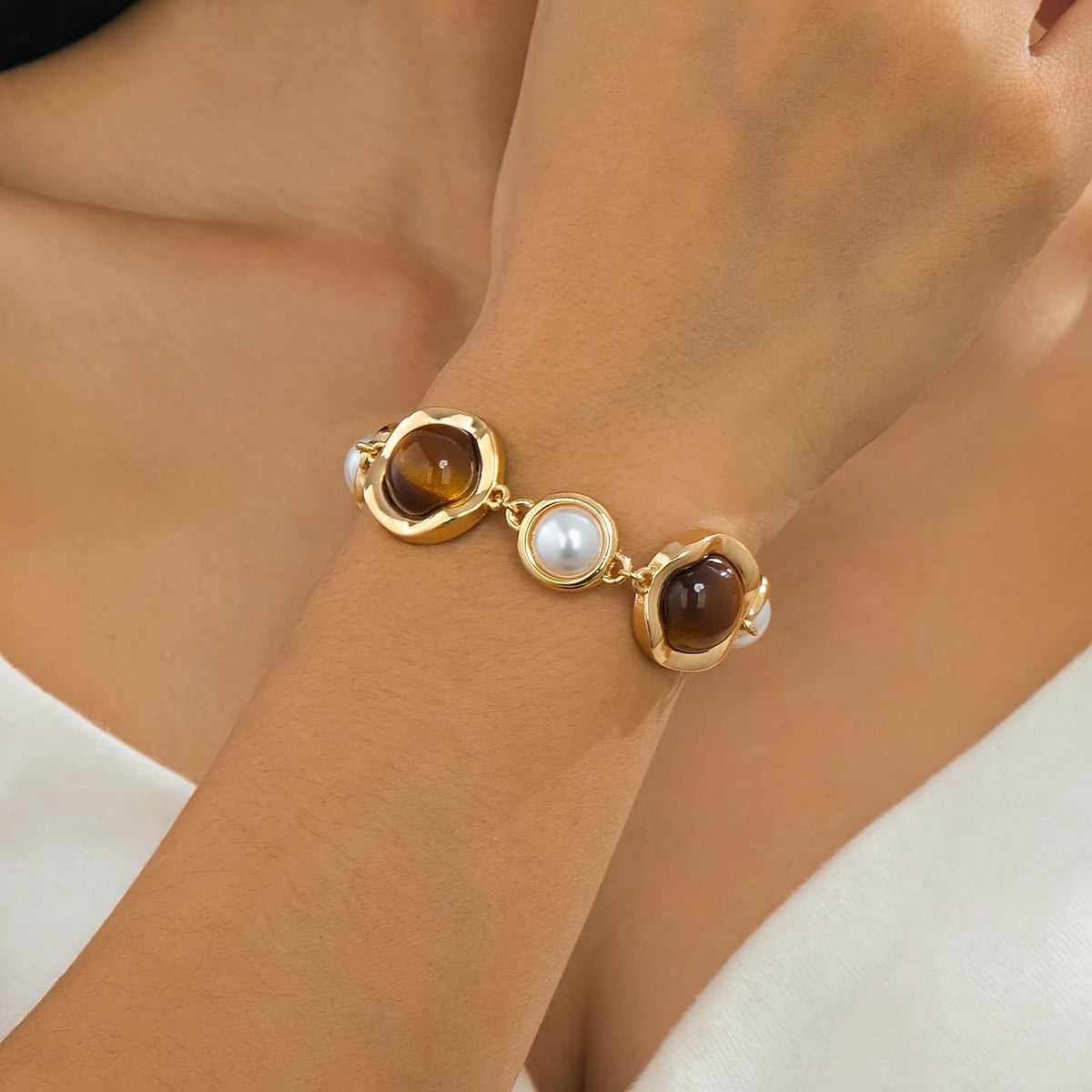 Tiger Eye & Pearl Geometric Link Bracelet