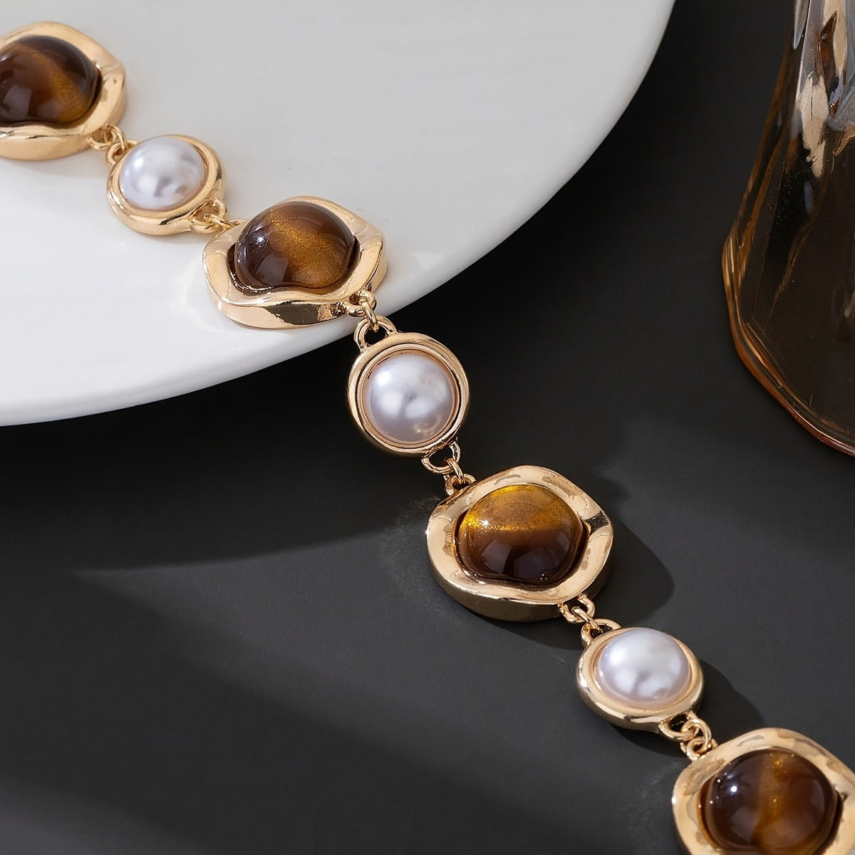 Tiger Eye & Pearl Geometric Link Bracelet