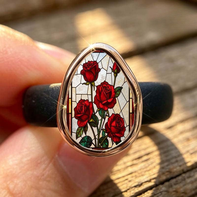 Red Rose Teardrop Stained Glass Ring