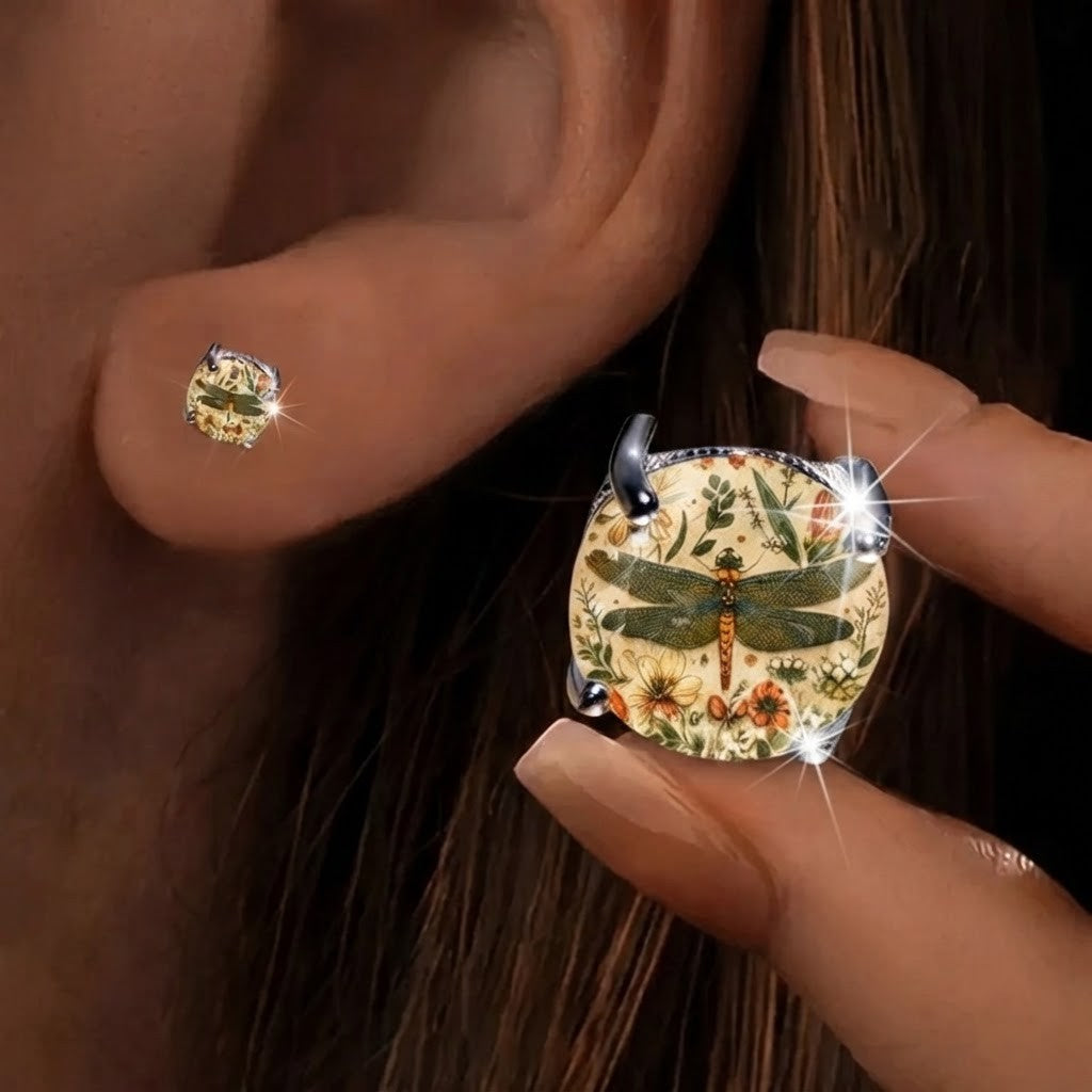 Dragonfly Botanical Glass Dome Stud Earrings