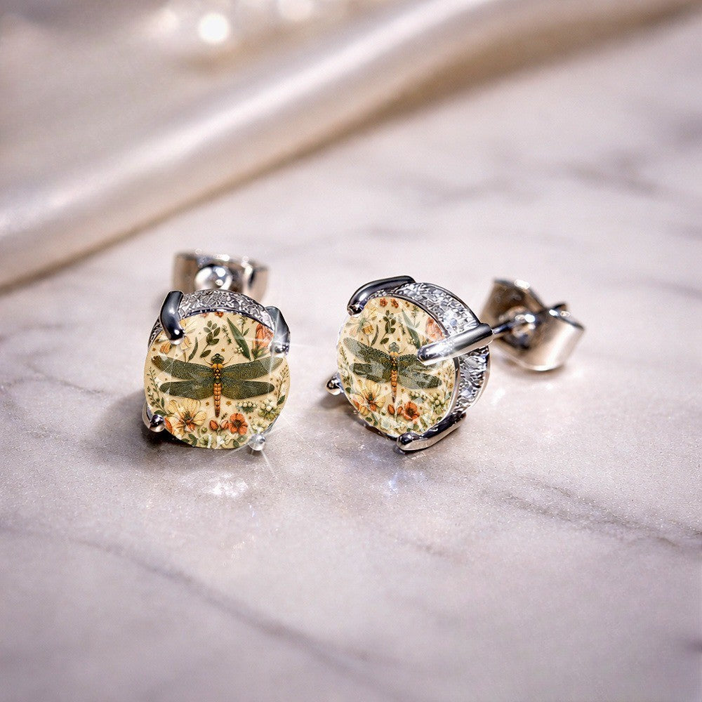 Dragonfly Botanical Glass Dome Stud Earrings