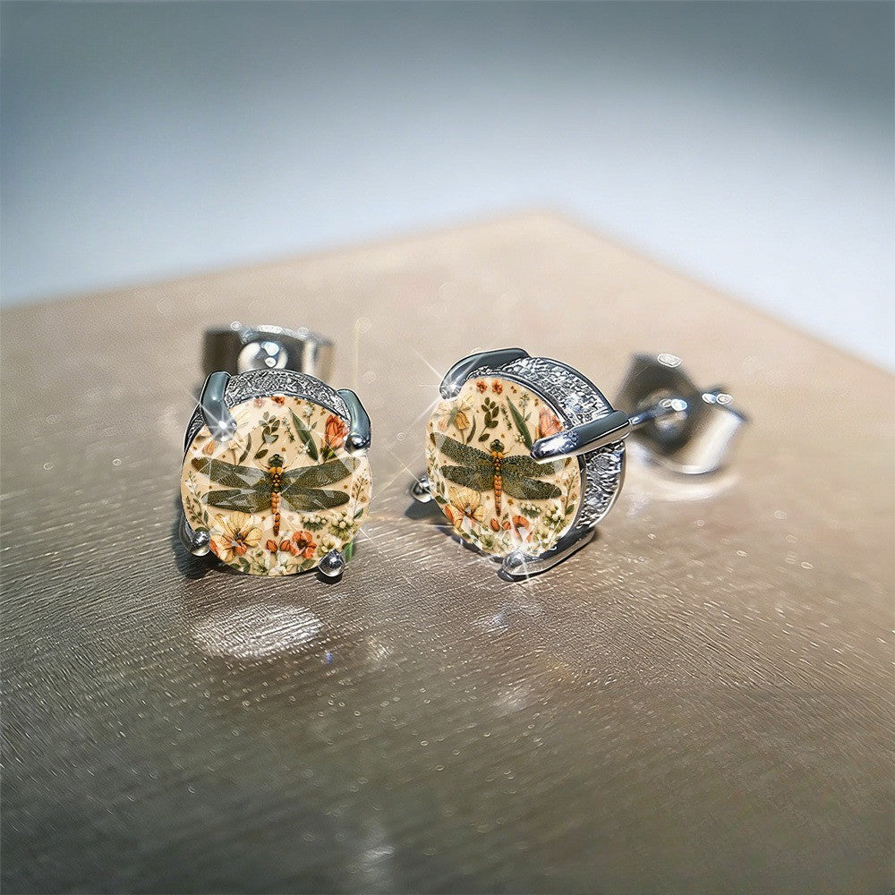 Dragonfly Botanical Glass Dome Stud Earrings