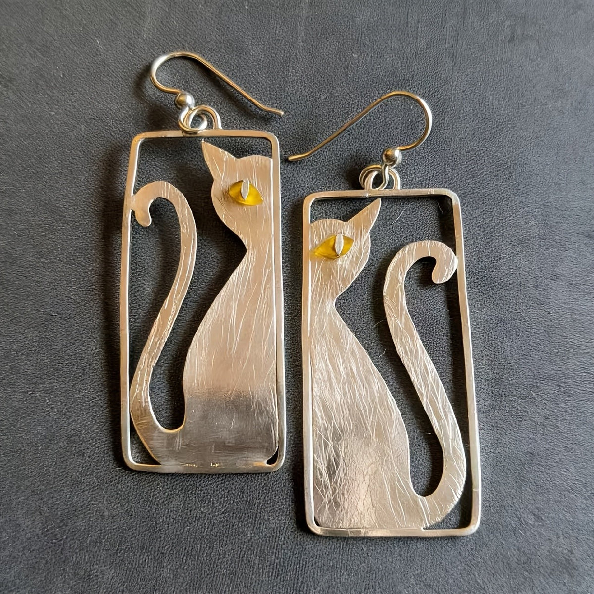 Brushed Cat Rectangle Drop Earrings