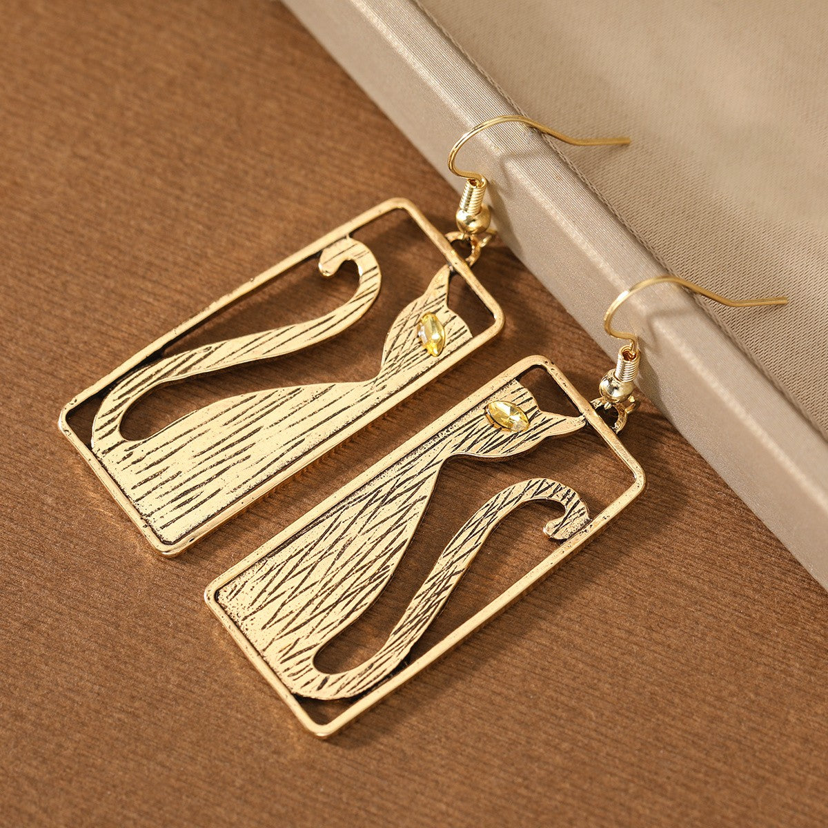 Brushed Cat Rectangle Drop Earrings